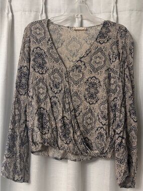Altar'd State Beige and Navy Paisley Wrap Blouse
